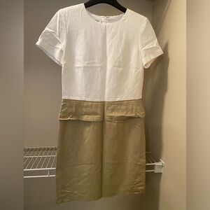 Yves Cossette Depeche Mode tan and white fully lined short sleeve dress size 10